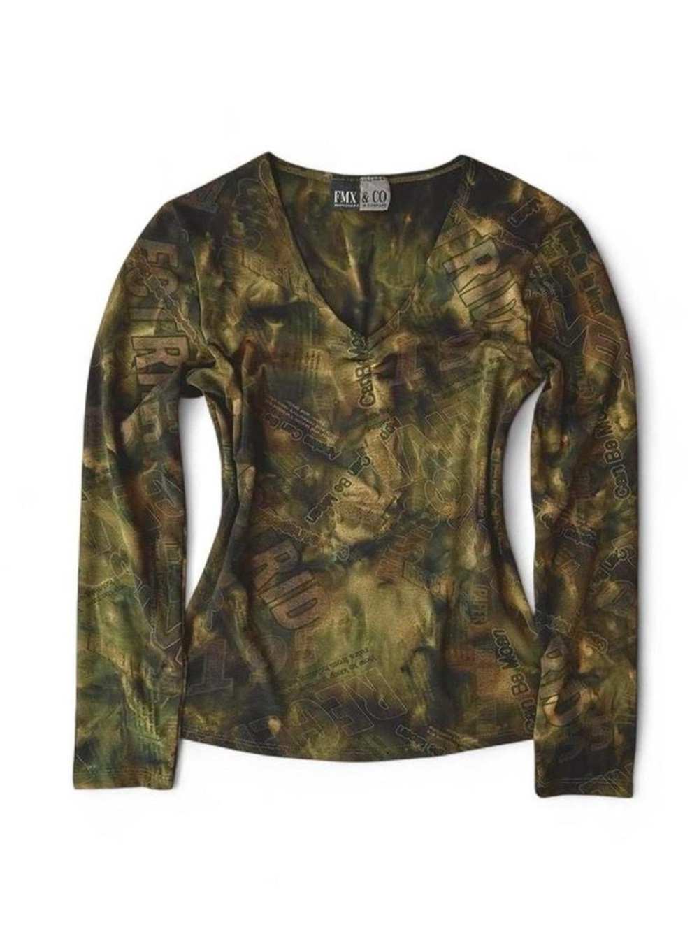 Vintage 90s Euro Style Green Printed Long Sleeve V-Neck Top With Cinched Bust